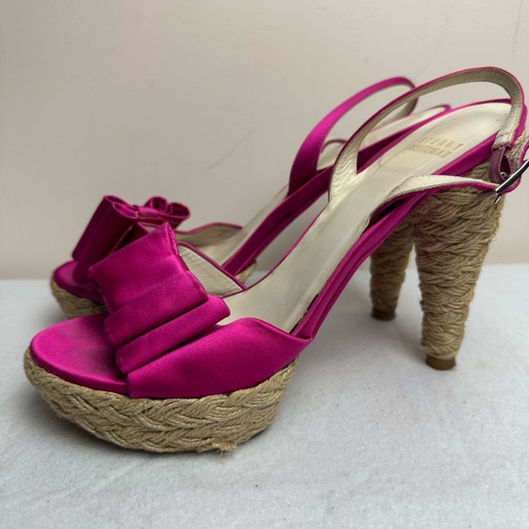 STUART WEITZMAN Fuchsia hot pink satin BOW espadrilles heels size 8.5 coquette - Picture 2 of 15